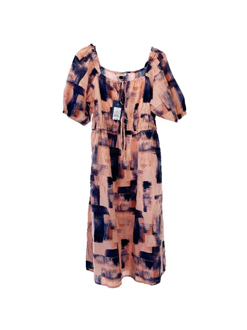 Universal Thread Abstract Small Cotton Peach Pink Blue Dress Puff Sleeve Pockets - Picture 2 of 13